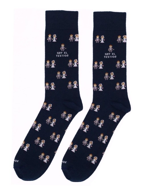 Chaussettes Socksandco avec des petits amis design et détail Je suis le témoin en bleu marine