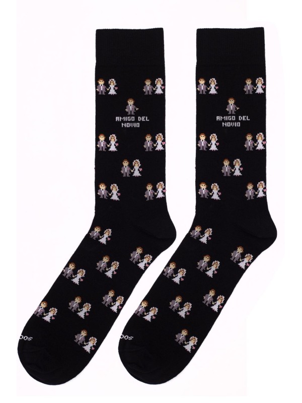 Socksandco socks with bride and groom design and amigo del novio detail in black