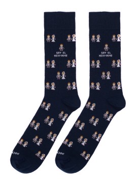 Socksandco socks with bride and groom design and soy el hermano detail in navy blue